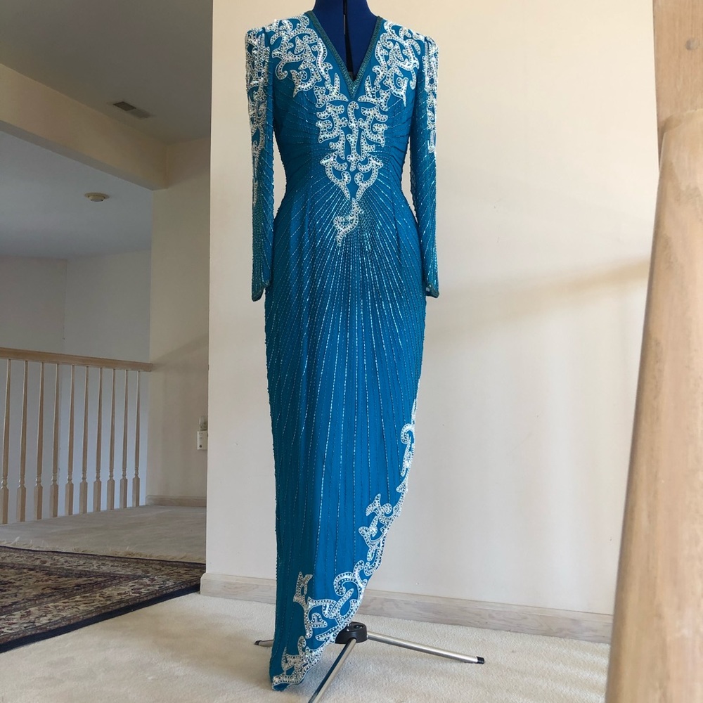 VintageBeaded Turquoise Evening Gown Silk V Neck